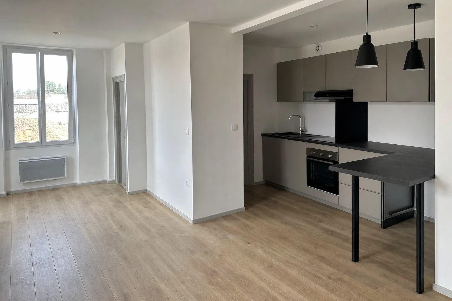 Appartement locatif rénové à Carmaux, séjour lumineux, cuisine équipée sobre, sol vinyle chêne
