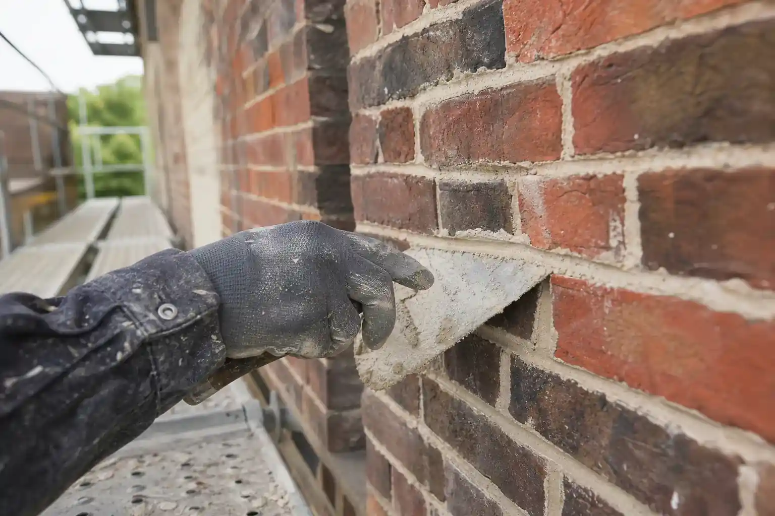 Artisan reprenant les joints d’un mur de brique foraine au mortier de chaux, truelle en main, échafaudage propre, gros plan sur le geste