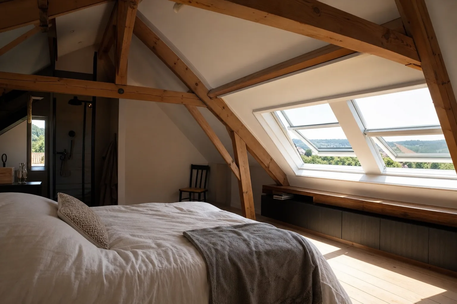 Combles aménagés en chambre sous charpente bois dans une maison de Saint-Juéry, fenêtres de toit vers le Tarn
