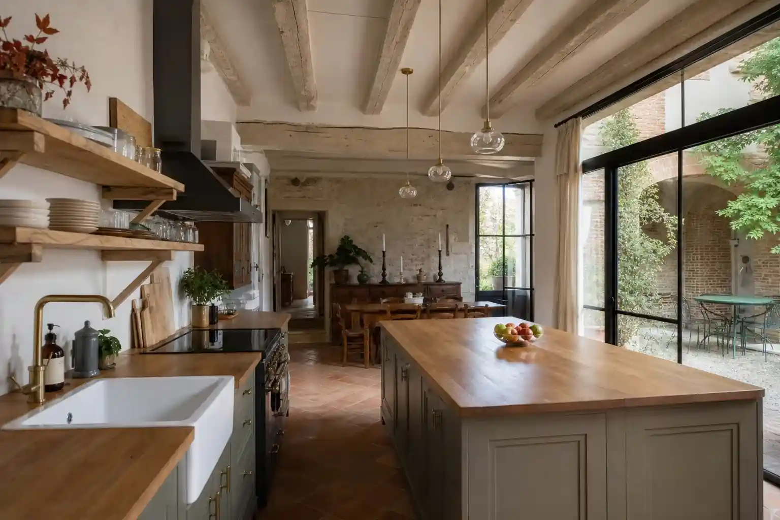 Cuisine de longère rénovée à Marssac-sur-Tarn, plafond à la française, verrière sur la cour, plan de travail bois massif