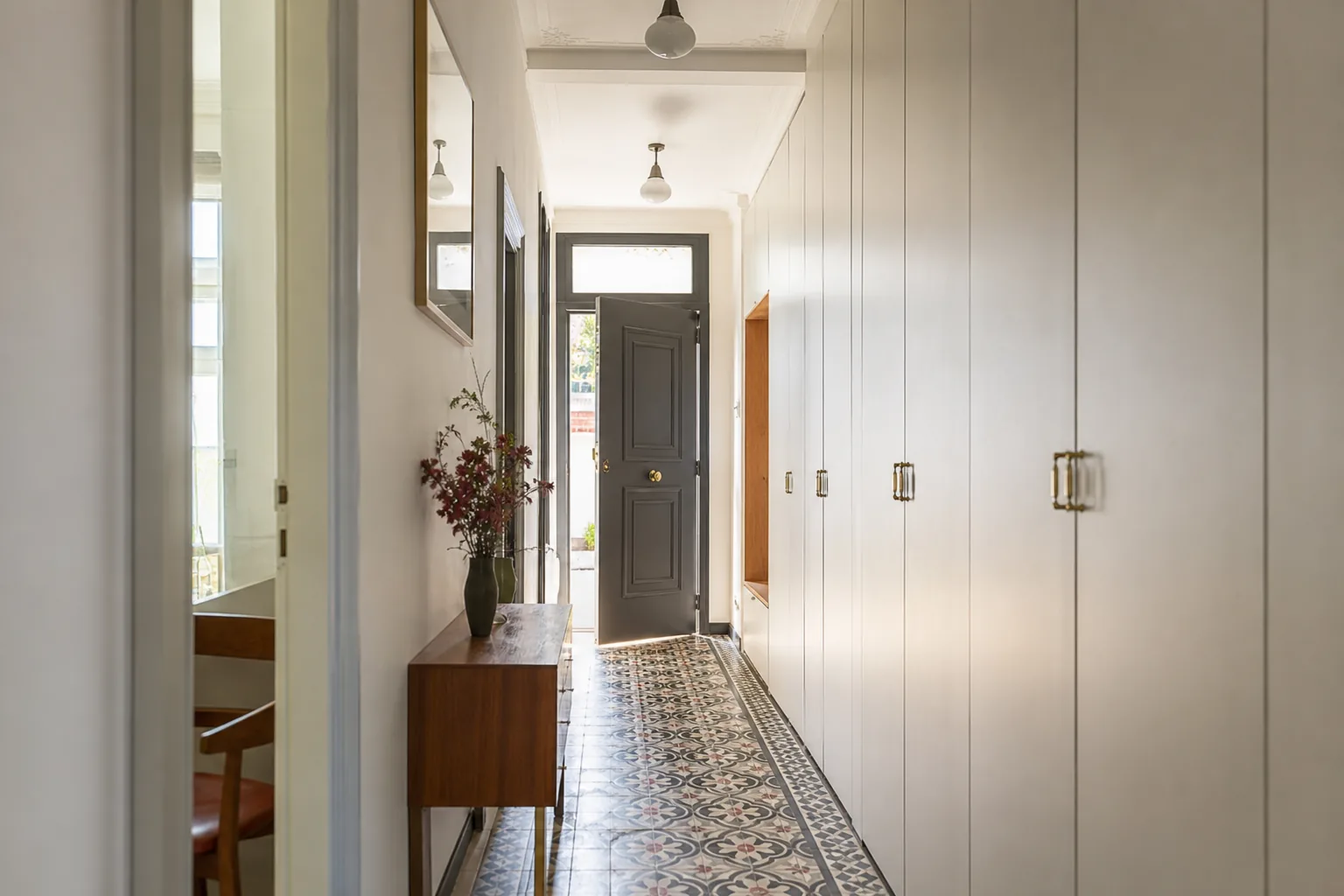 Entrée d’appartement optimisée, rangements toute hauteur menuisés, sol carreaux anciens restaurés, lumière de couloir