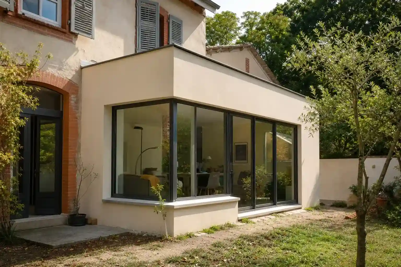 Extension à toit plat sur une maison de bourg de Marssac, enduit clair, baie d’angle ouverte sur le jardin