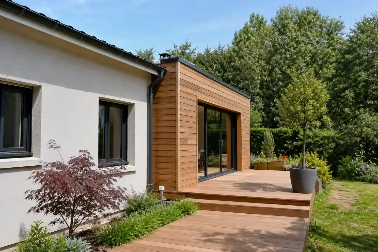 Extension bois adossée à un pavillon crépi des années 70, terrasse fraîchement posée, écrin de verdure au fond