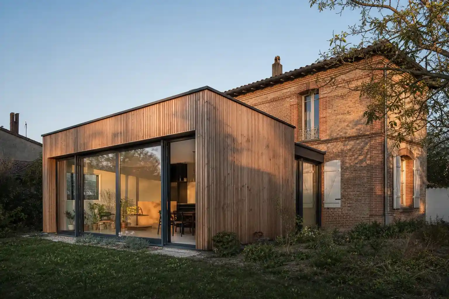 Extension contemporaine à ossature bois et larges vitrages, accolée à une maison albigeoise en brique foraine, fin de journée, lumière chaude rasante, jardin au premier plan