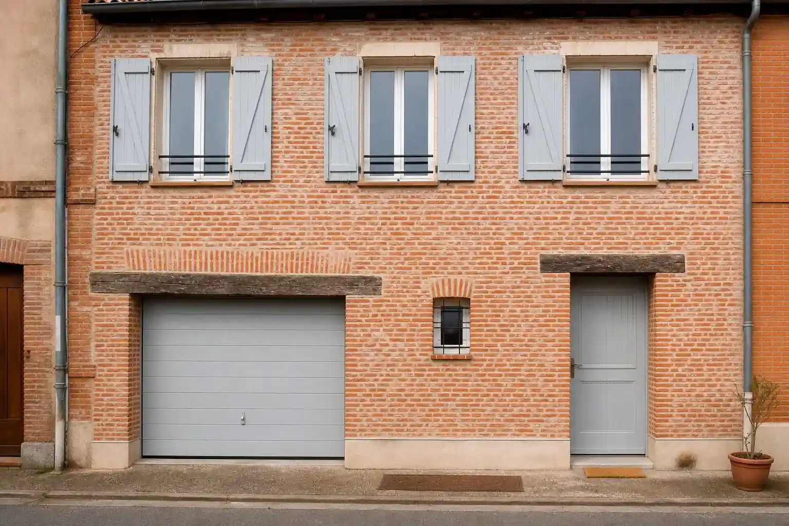 Façade de maison de bourg en brique à Lescure-d’Albigeois après rénovation, joints refaits, volets neufs gris clair