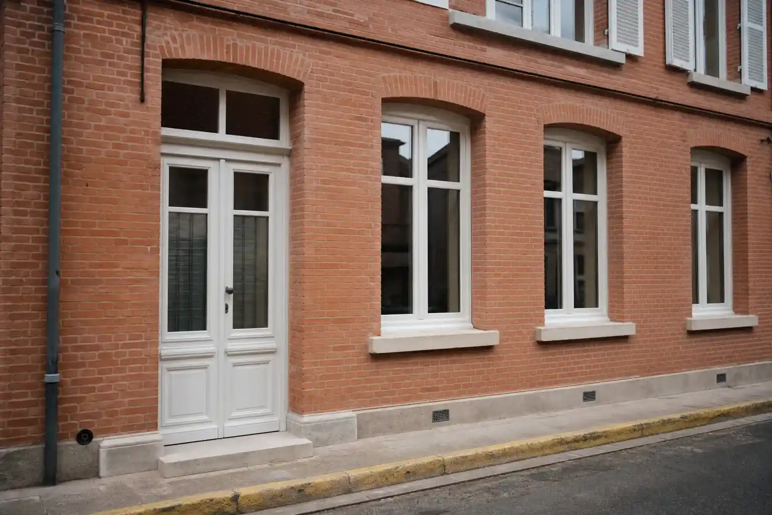Façade de maison de ville de Carmaux rejointoyée, brique nettoyée, menuiseries neuves blanc cassé, seuil de pierre