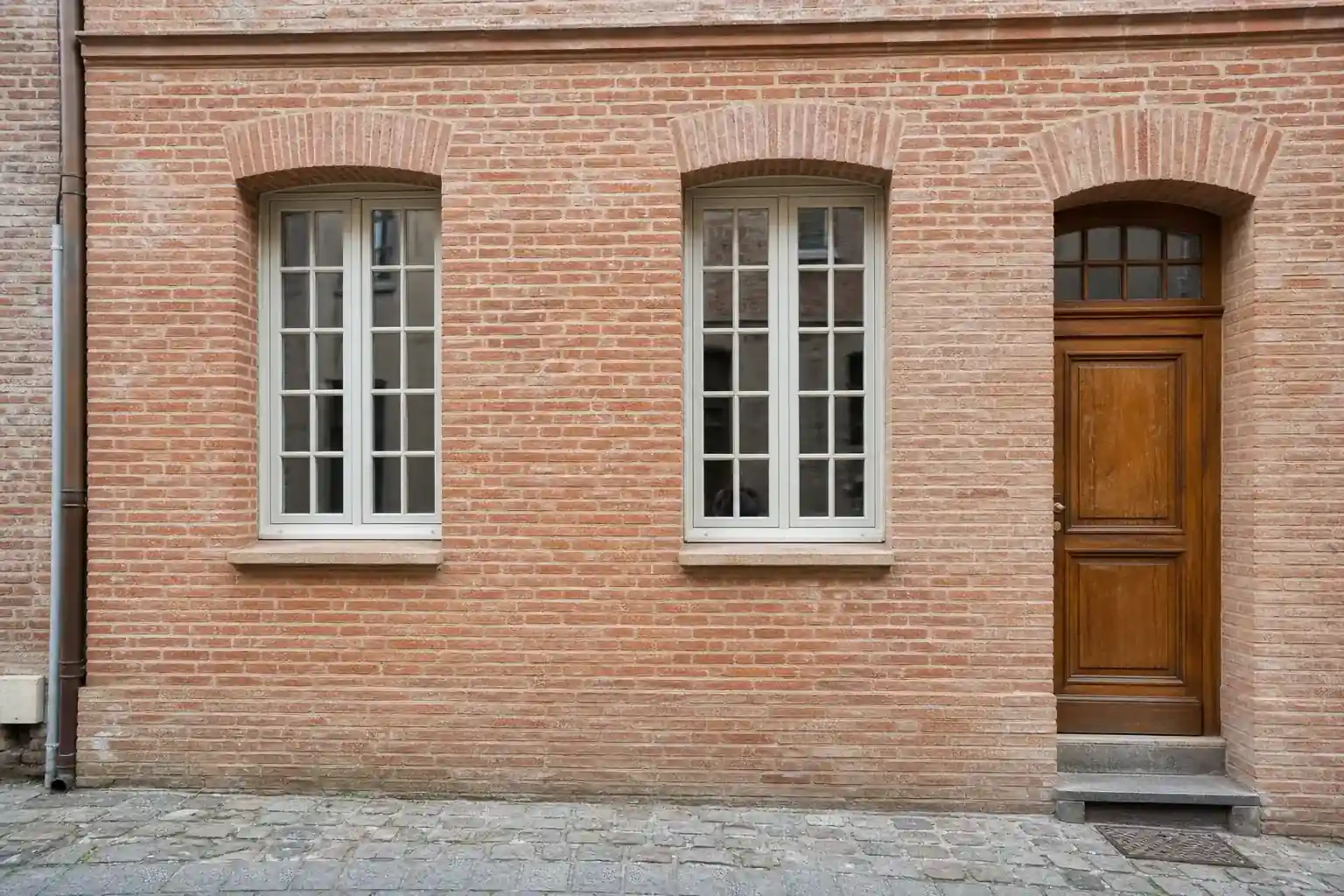 Façade de maison de ville albigeoise en brique foraine fraîchement rejointoyée, menuiseries neuves à petits carreaux, porte bois restaurée