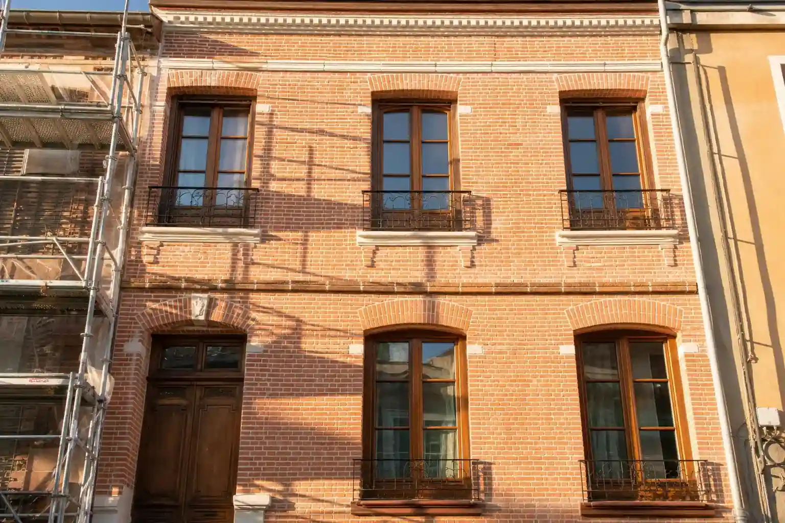Façade de maison de ville albigeoise en brique foraine fraîchement ravalée, joints clairs repris, menuiseries bois restaurées, échafaudage léger d’un côté, lumière chaude de fin d’après-midi