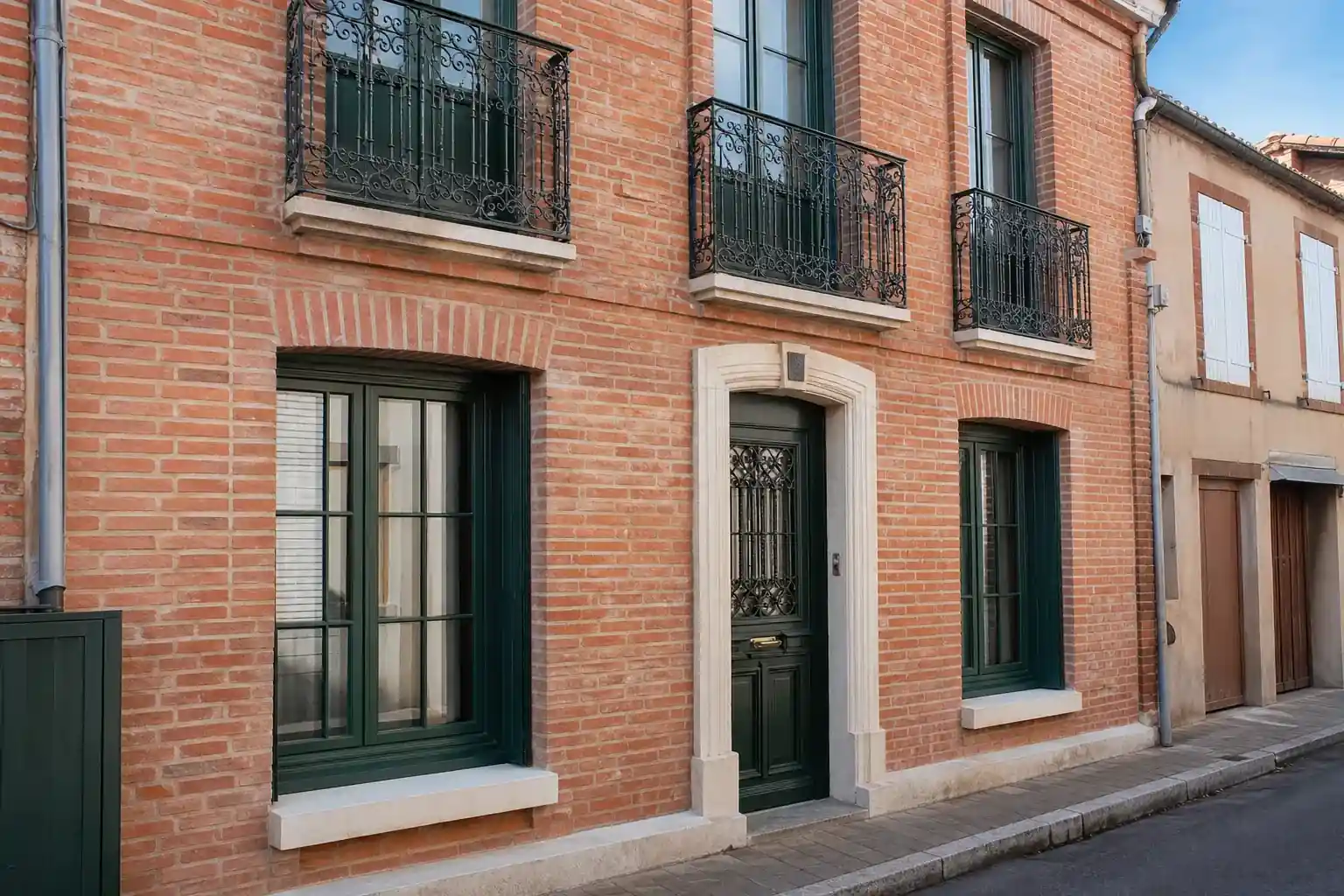 Façade de maison de ville en brique à Saint-Juéry rénovée, menuiseries vert sombre, garde-corps ferronnerie restauré