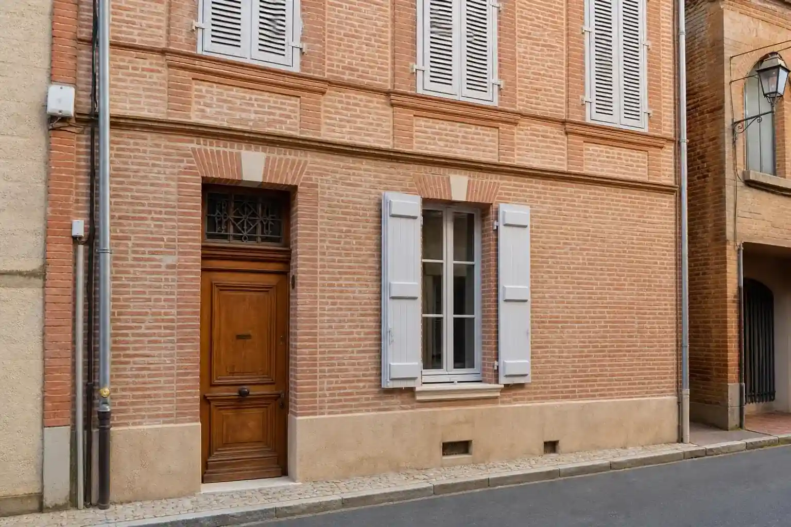 Façade en brique foraine d’une maison de ville d’Albi après ravalement, rejointoiement clair, encadrements nets, porte bois restaurée, trottoir du centre ancien