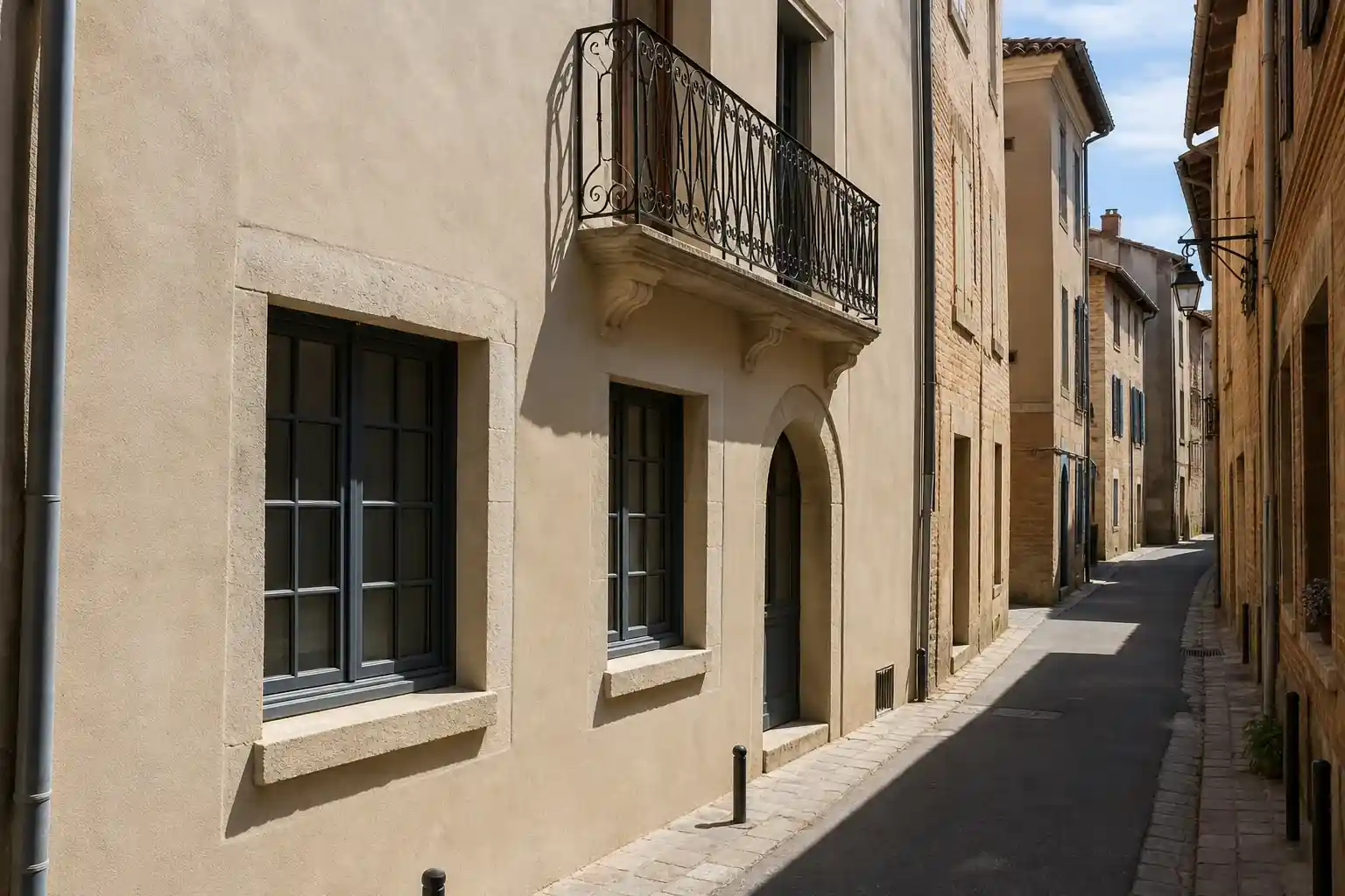 Façade enduite à la chaux teinte pierre sur une maison albigeoise, menuiseries repeintes, ferronnerie de balcon restaurée, ruelle du centre ancien au soleil