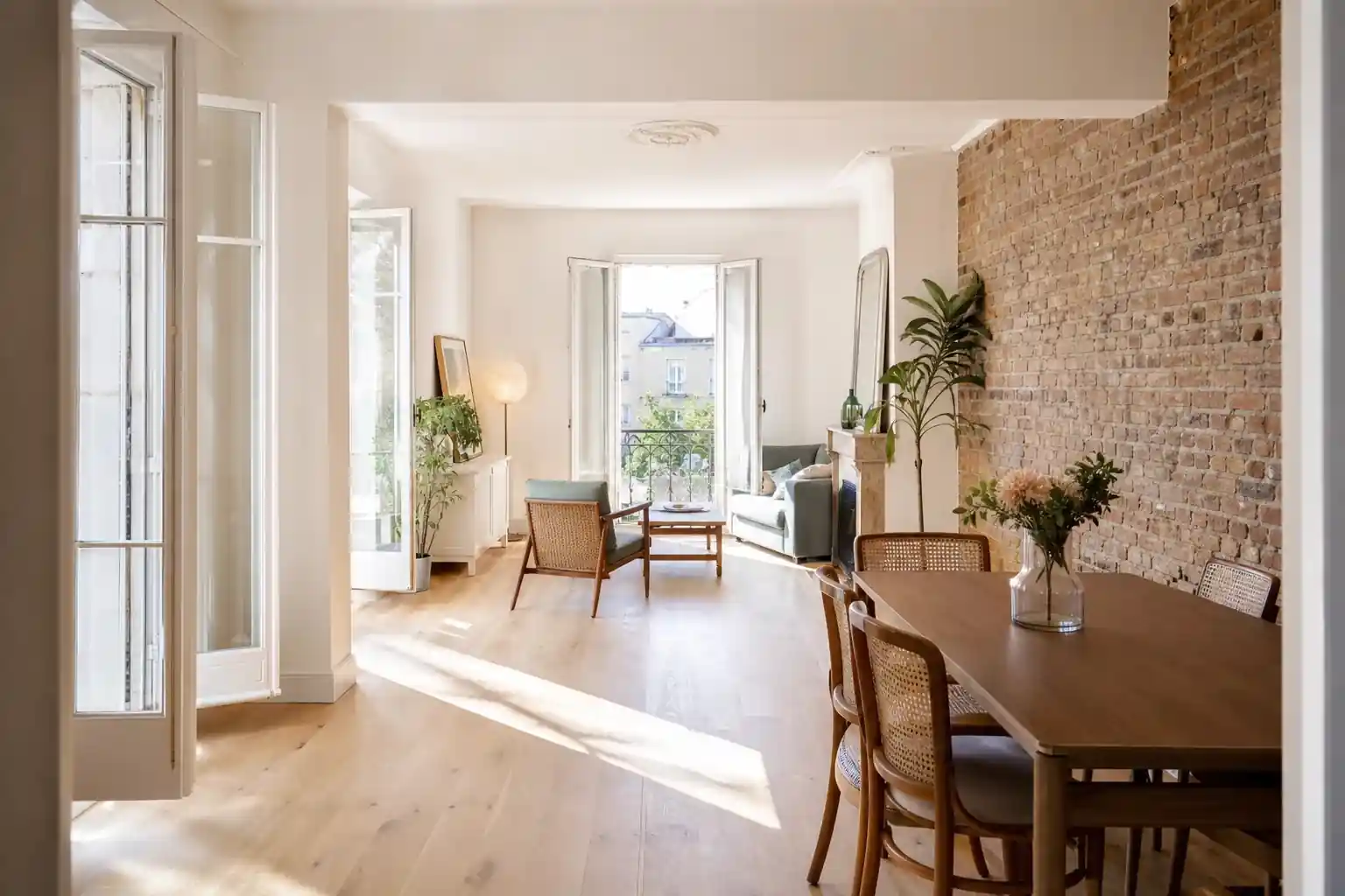 La même pièce après rénovation : cloison ouverte, mur de brique foraine dégagé et restauré, parquet clair, lumière traversante