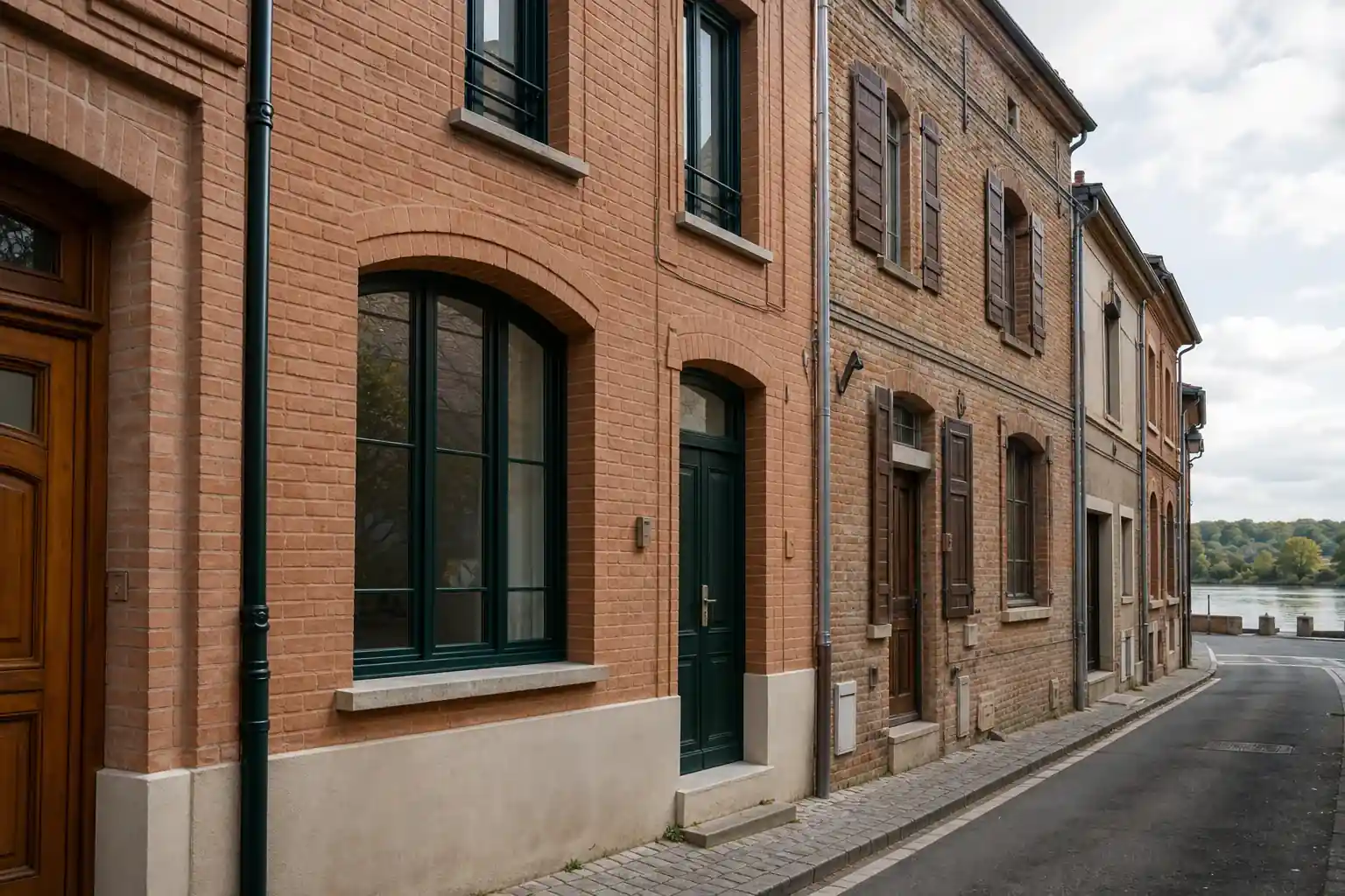 Maisons de ville en brique le long d’une rue de Saint-Juéry, ancienne cité industrielle, une façade rénovée aux menuiseries vert sombre, reflets du Tarn en fond