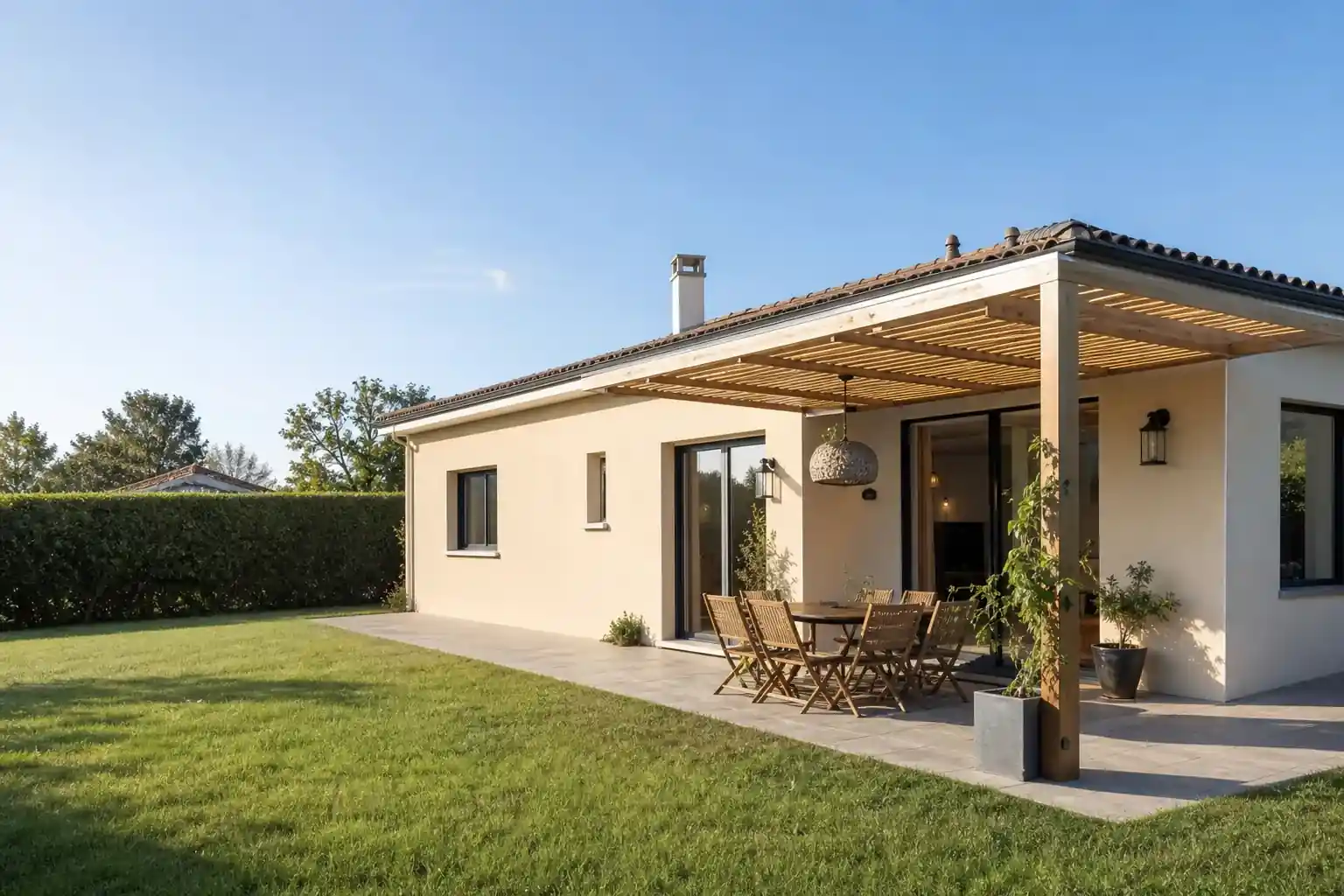 Pavillon des années 80 à Puygouzon après rénovation, façade enduite ton pierre, pergola bois neuve, haie taillée, lumière de matinée