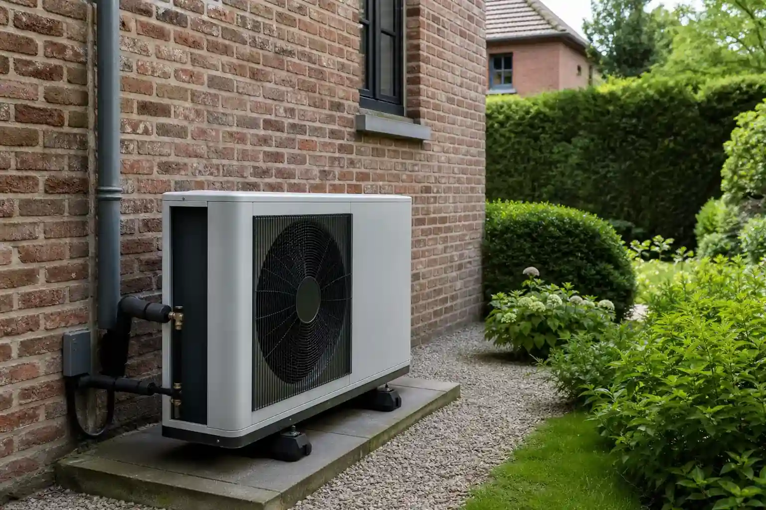 Pompe à chaleur air-eau installée sur dalle le long d’un mur de brique, liaisons propres, jardin entretenu