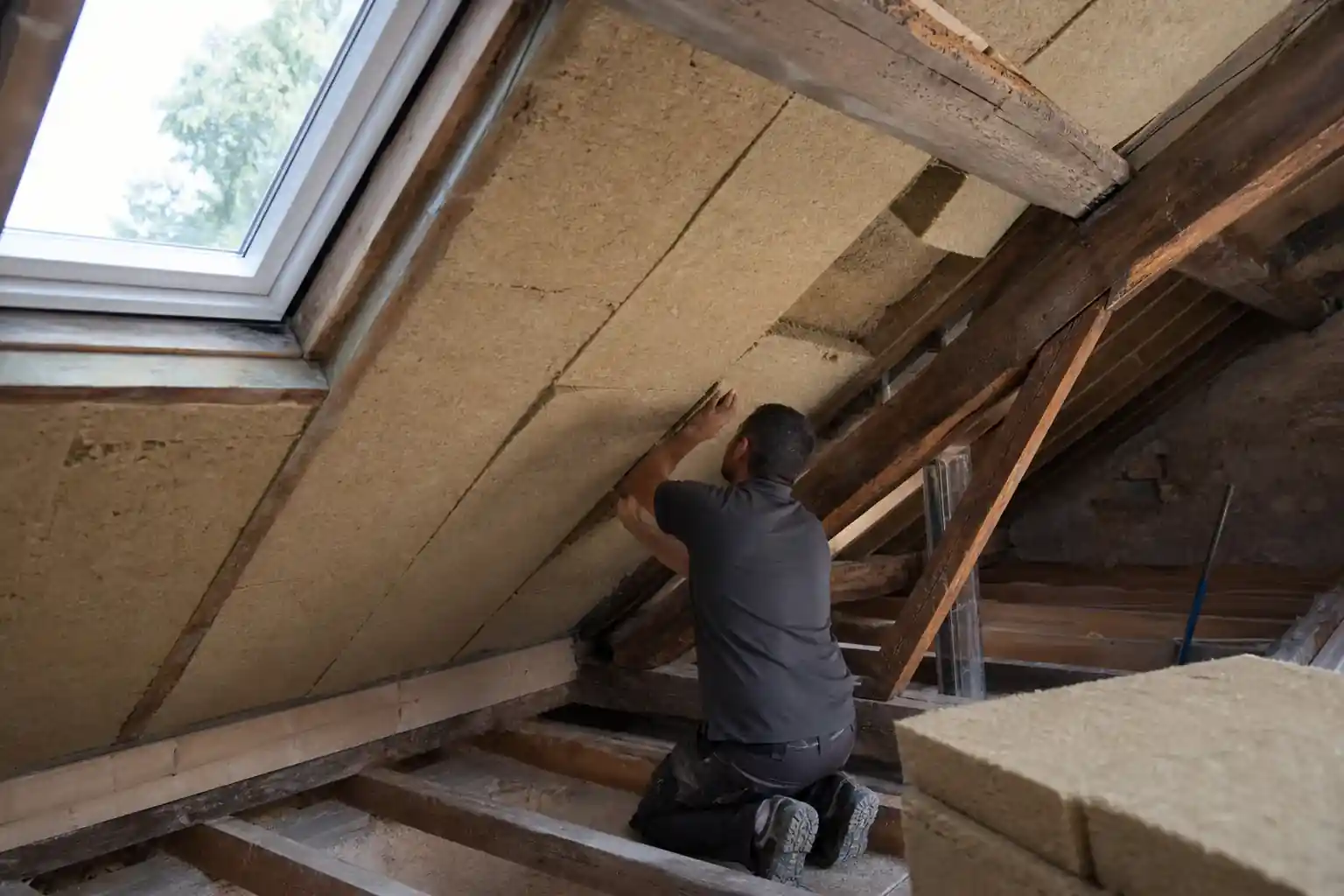 Pose d’isolation biosourcée dans les combles d’une maison albigeoise, artisan au travail à la lumière naturelle d’une fenêtre de toit, matériau chanvre ou fibre de bois visible