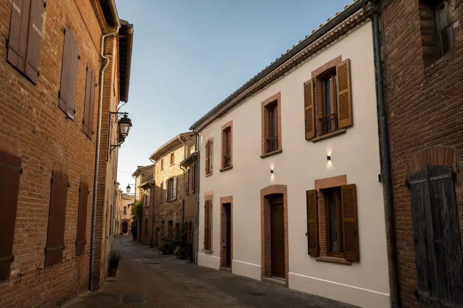 Ruelle du vieux Lescure-d’Albigeois, maisons de brique aux volets bois, une façade fraîchement rénovée qui se détache, fin d’après-midi
