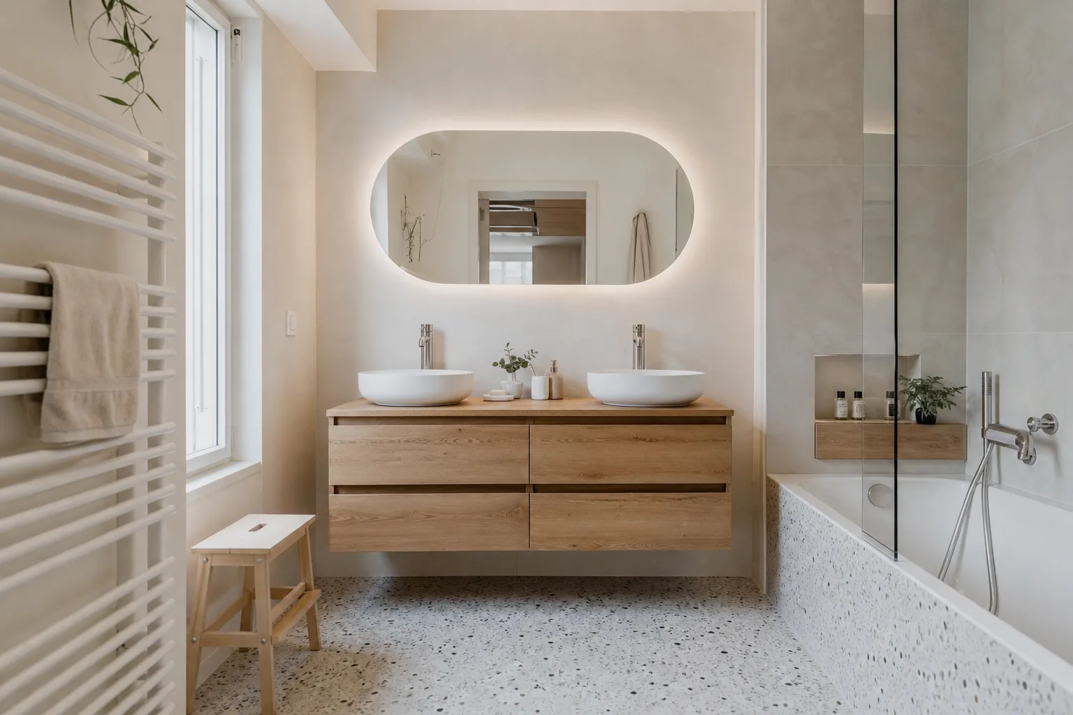 Salle de bain familiale rénovée, double vasque sur meuble chêne, miroir rétroéclairé, murs clairs, sol effet terrazzo