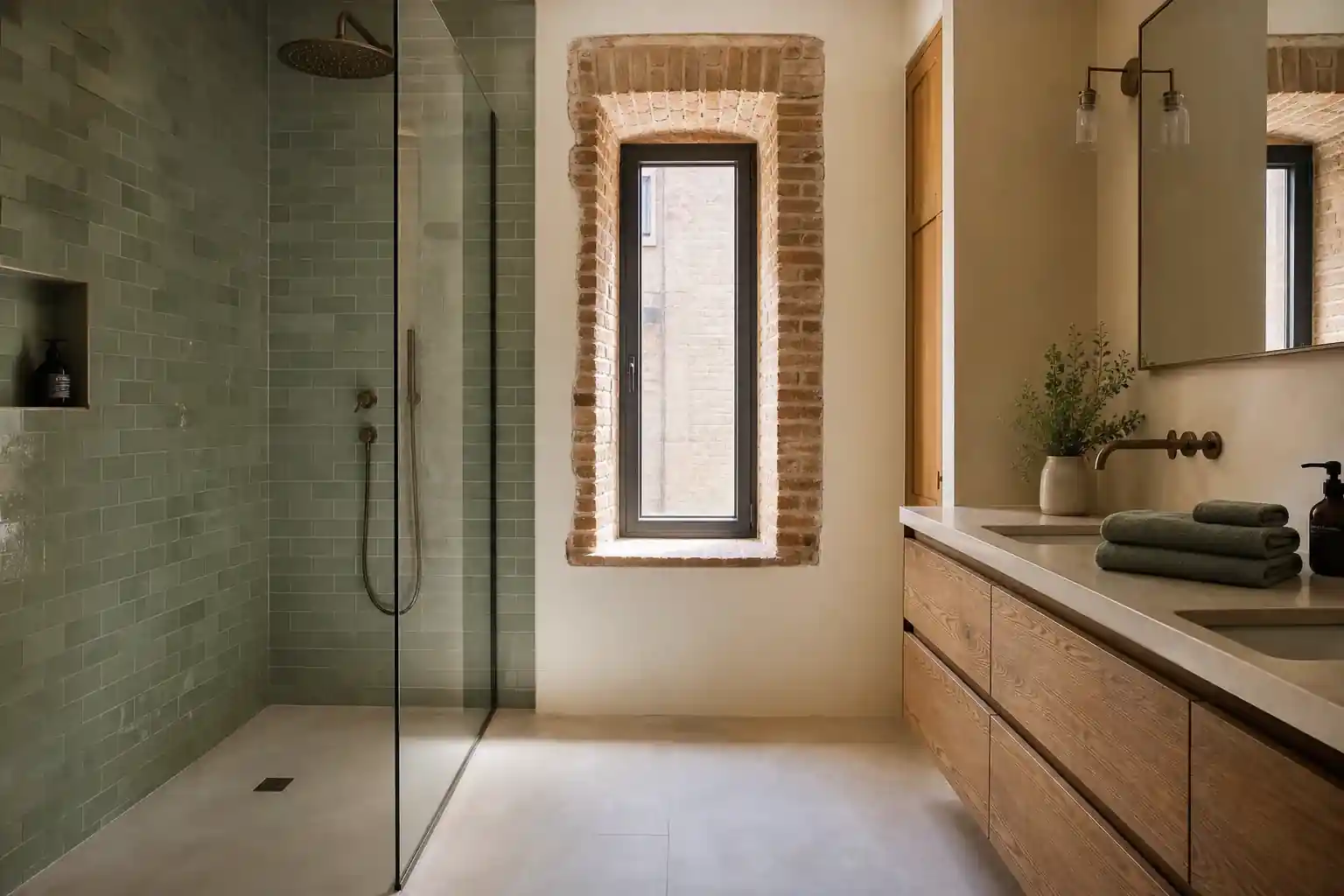 Salle de bain rénovée avec douche à l’italienne, paroi vitrée, carrelage zellige vert d’eau et meuble bois, lumière douce d’une fenêtre en brique, serviettes pliées