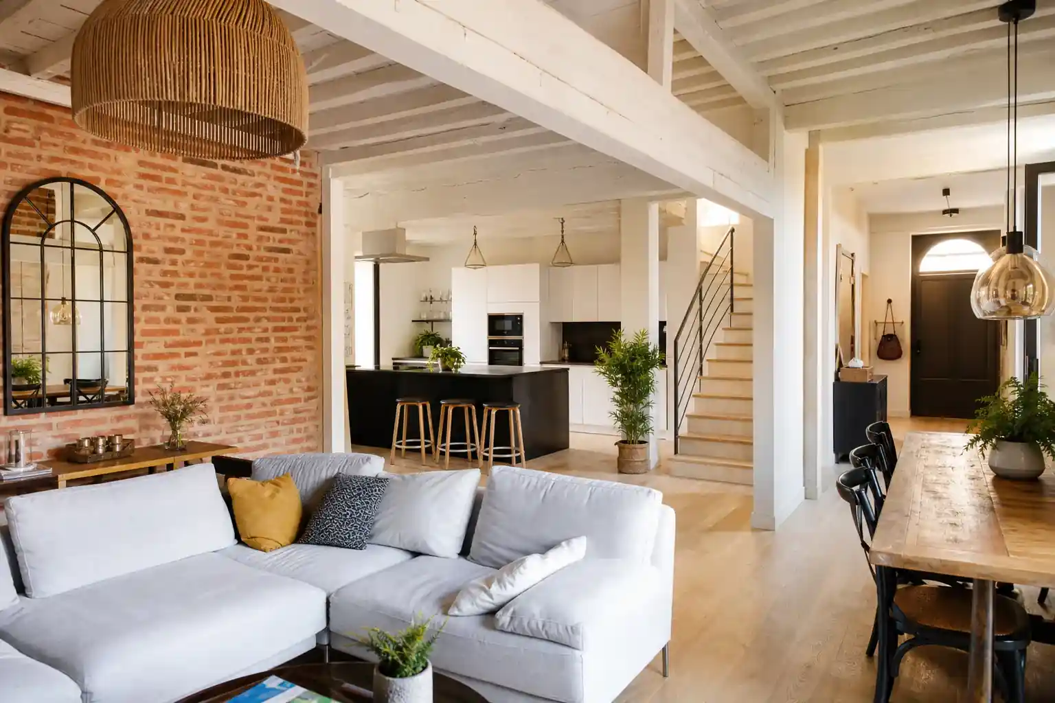 Séjour d’une maison albigeoise rénovée, mur de brique foraine apparente restaurée, poutres claires, cuisine ouverte contemporaine, grande lumière traversante