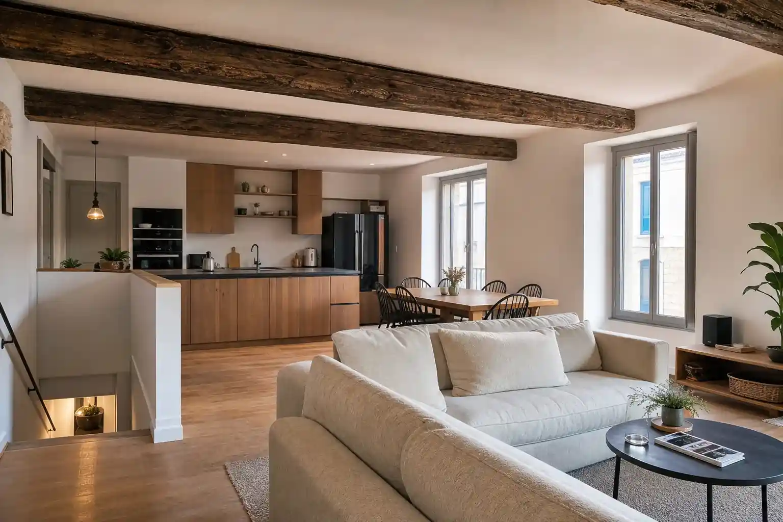 Séjour traversant créé au premier étage d’une maison de bourg de Réalmont, poutres conservées, cuisine ouverte, deux fenêtres sur la place
